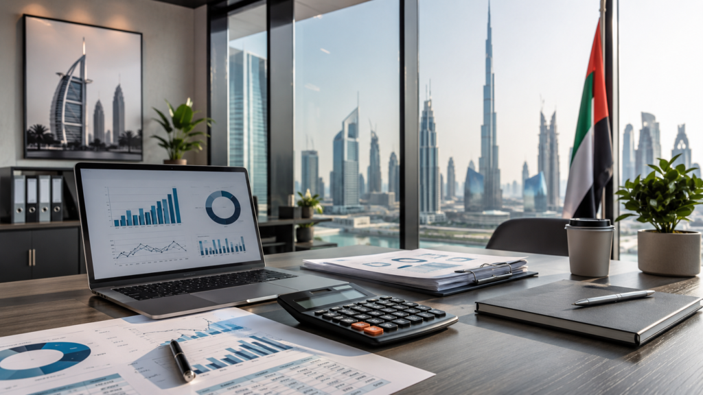 modern corporate, UAE business, accounting, finance theme. Include charts, calculators, office, documents